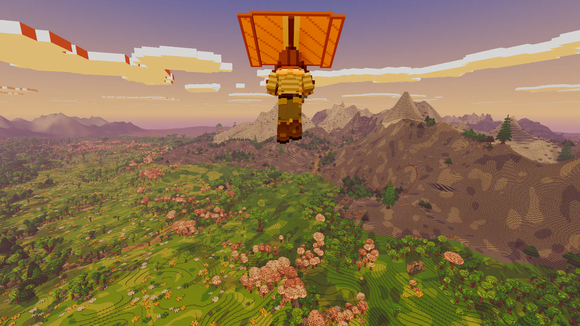 Farmark: the player glides on a wooden glider over blossom-dotted voxel meadows towards sunlit mountains at golden hour