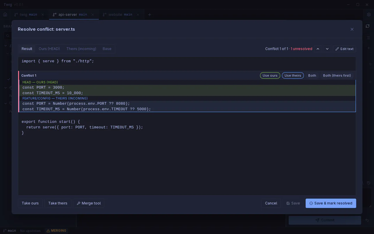Twig three-way conflict resolver